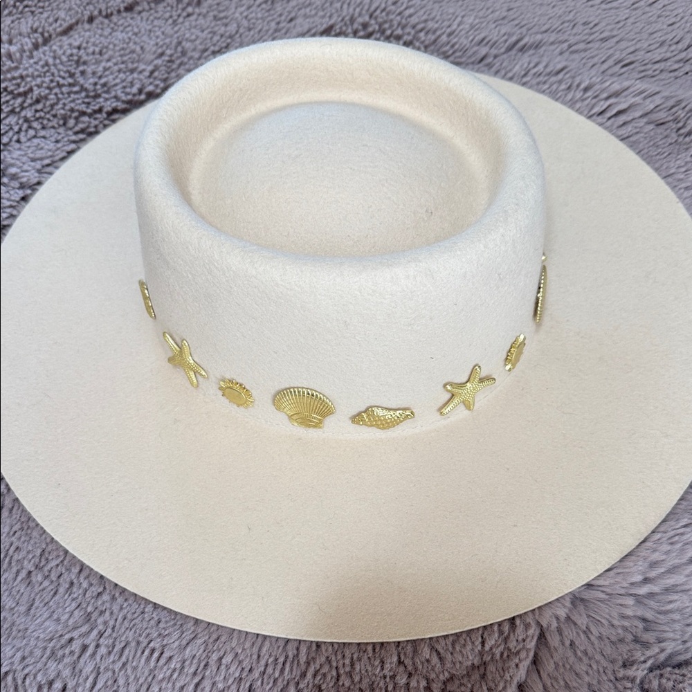 Lack Of Color Cream Wide-Brim Hat with Gold Sea Charm Trim